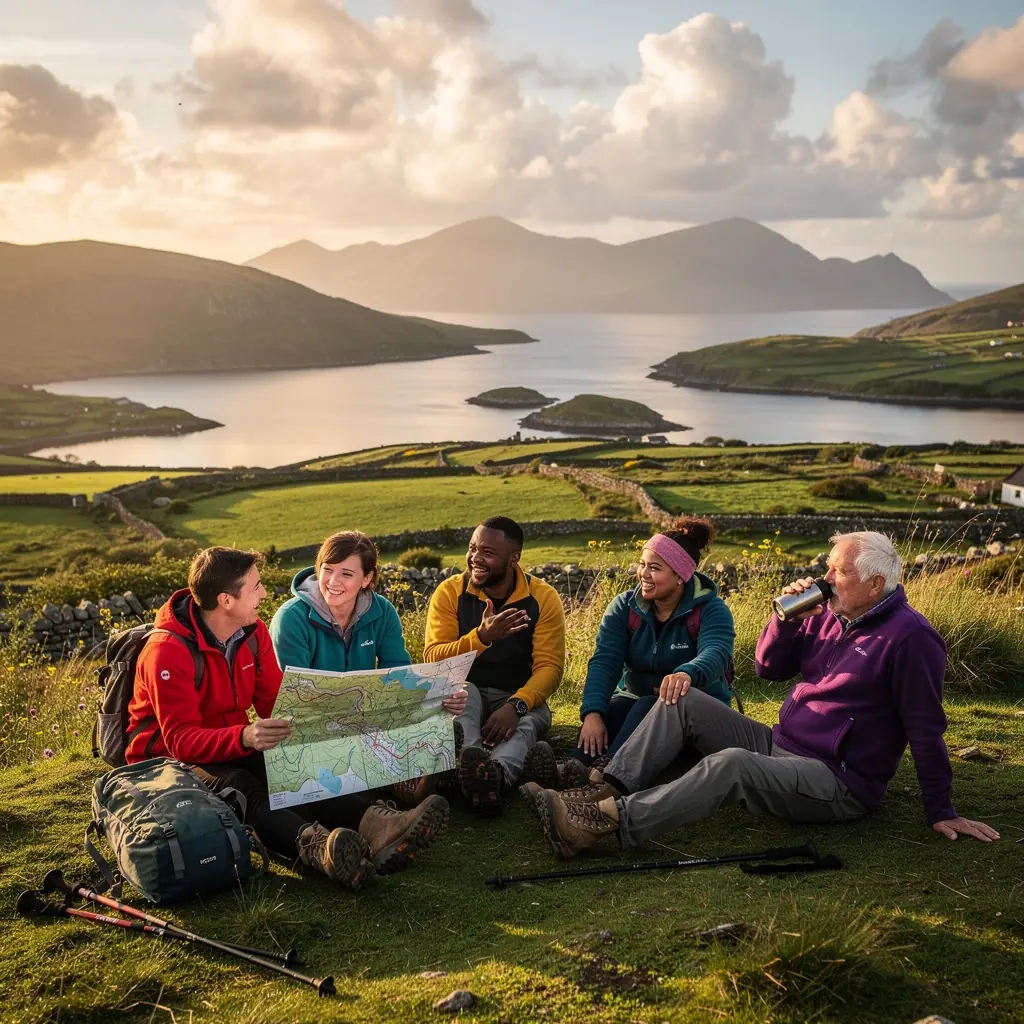 A family exploring a picturesque national park, surrounded by tall trees and vibrant wildflowers.